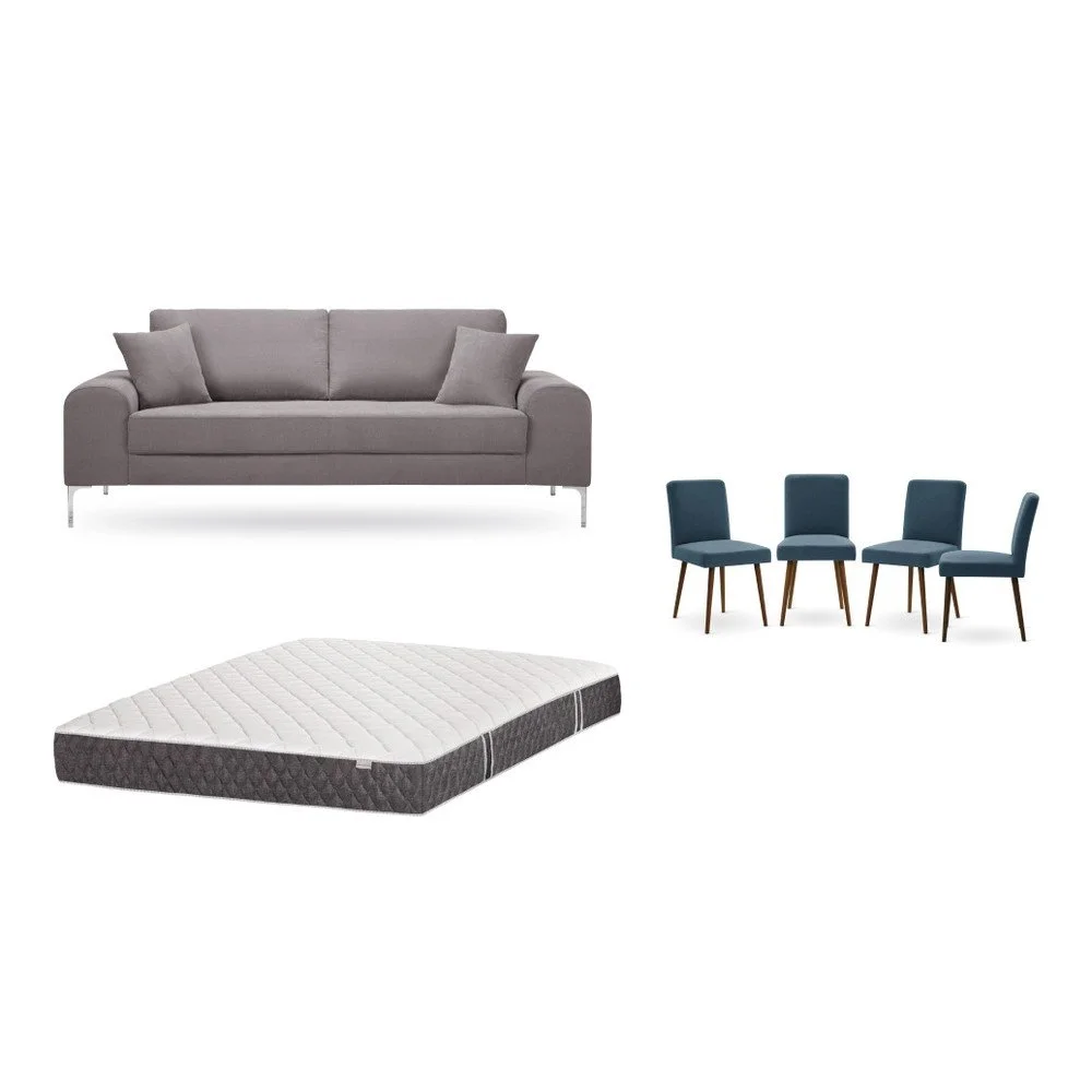 Set třímístné hnědé pohovky, 4 modrých židlí a matrace 160 x 200 cm Home Essentials v:1129934