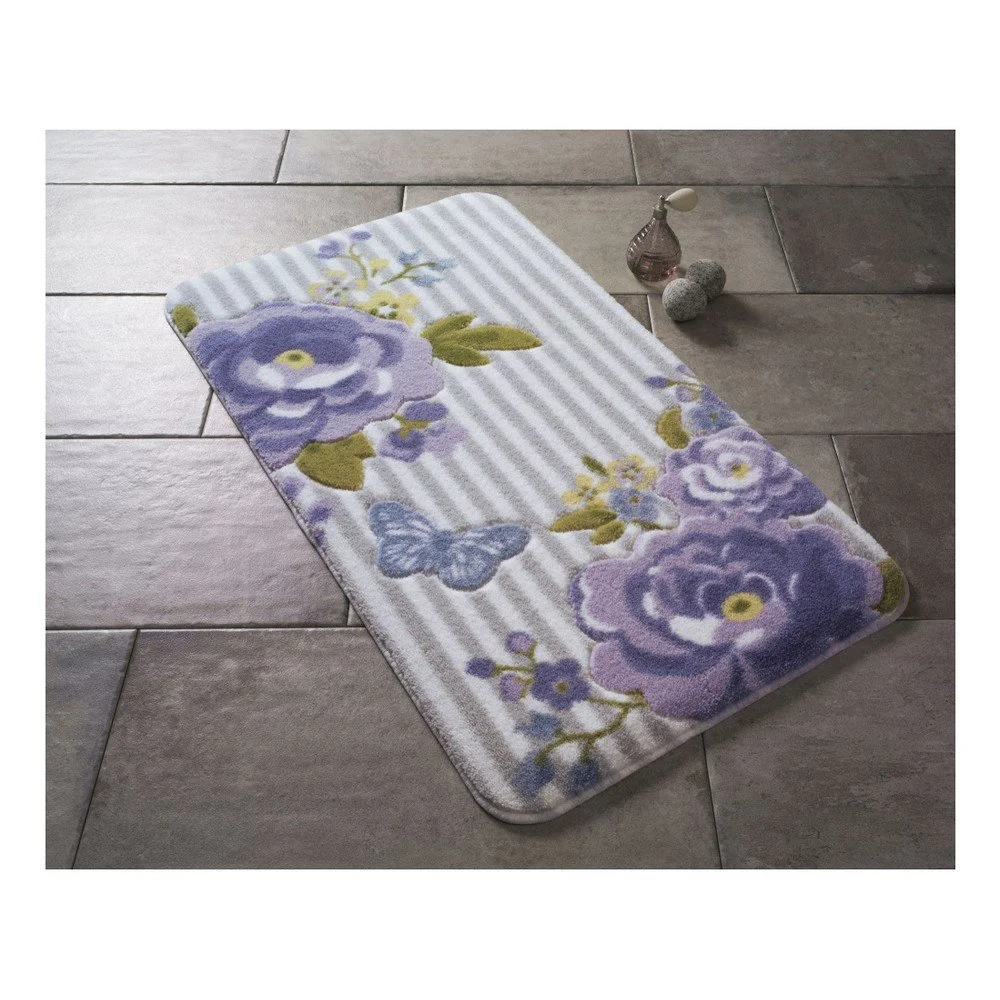 Vzorovaná fialová předložka do koupelny Confetti Bathmats Roses, 80 x 140 cm v:1042072