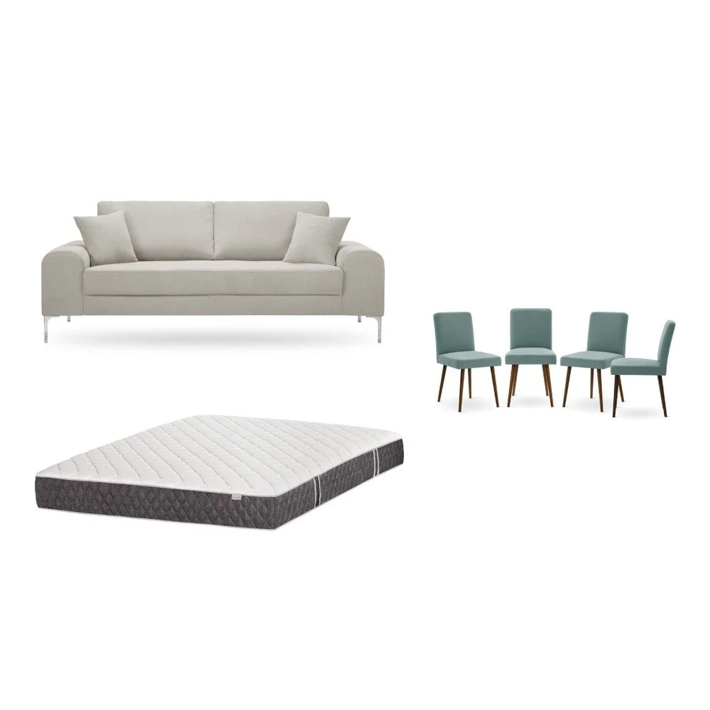 Set třímístné krémové pohovky, 4 šedozelených židlí a matrace 160 x 200 cm Home Essentials v:1129898