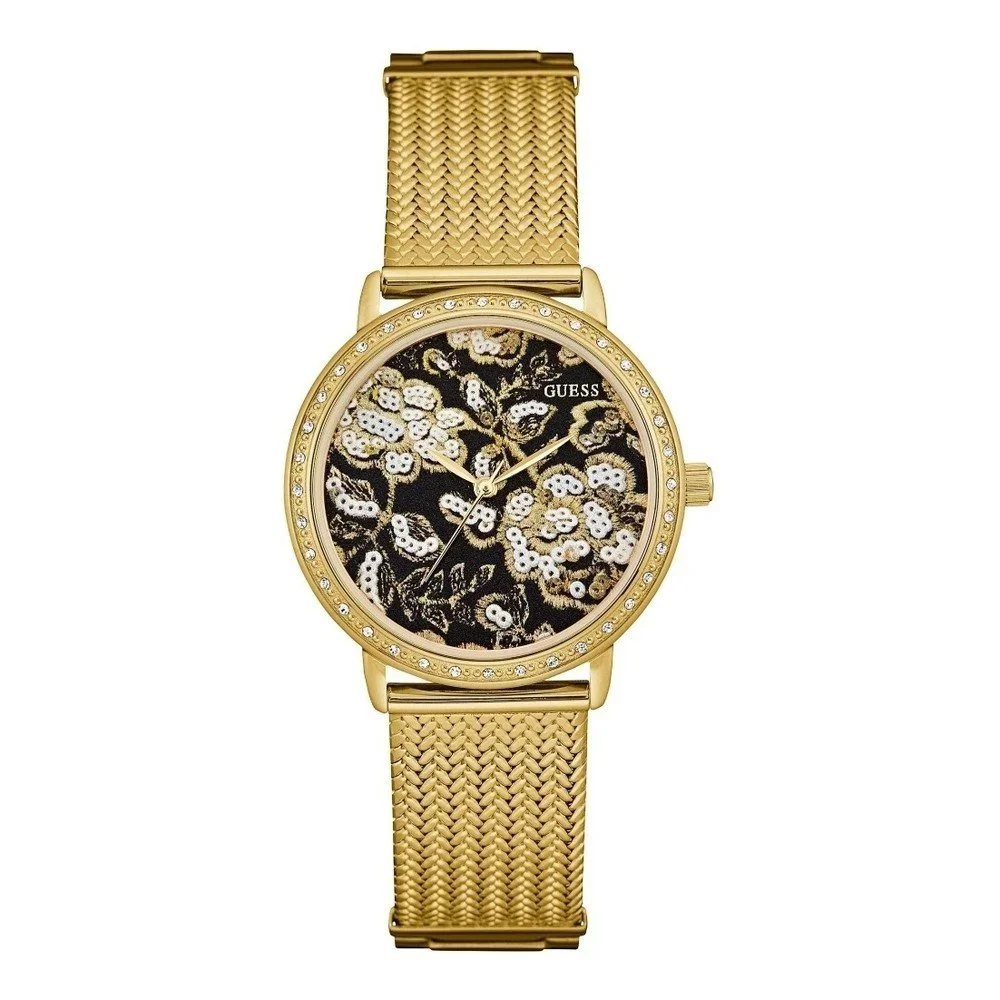 Dámské hodinky ve zlaté barvě s páskem z nerezové oceli Guess W0822L2 v:1267024