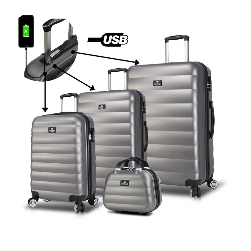 Sada 3 šedých cestovních kufrů na kolečkách s USB porty a příručního kufříku My Valice RESSO Travel Set v:1220184