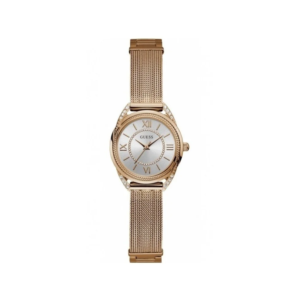 Dámské hodinky v růžovozlaté barvě s páskem z nerezové oceli Guess W1084L3 v:1267026