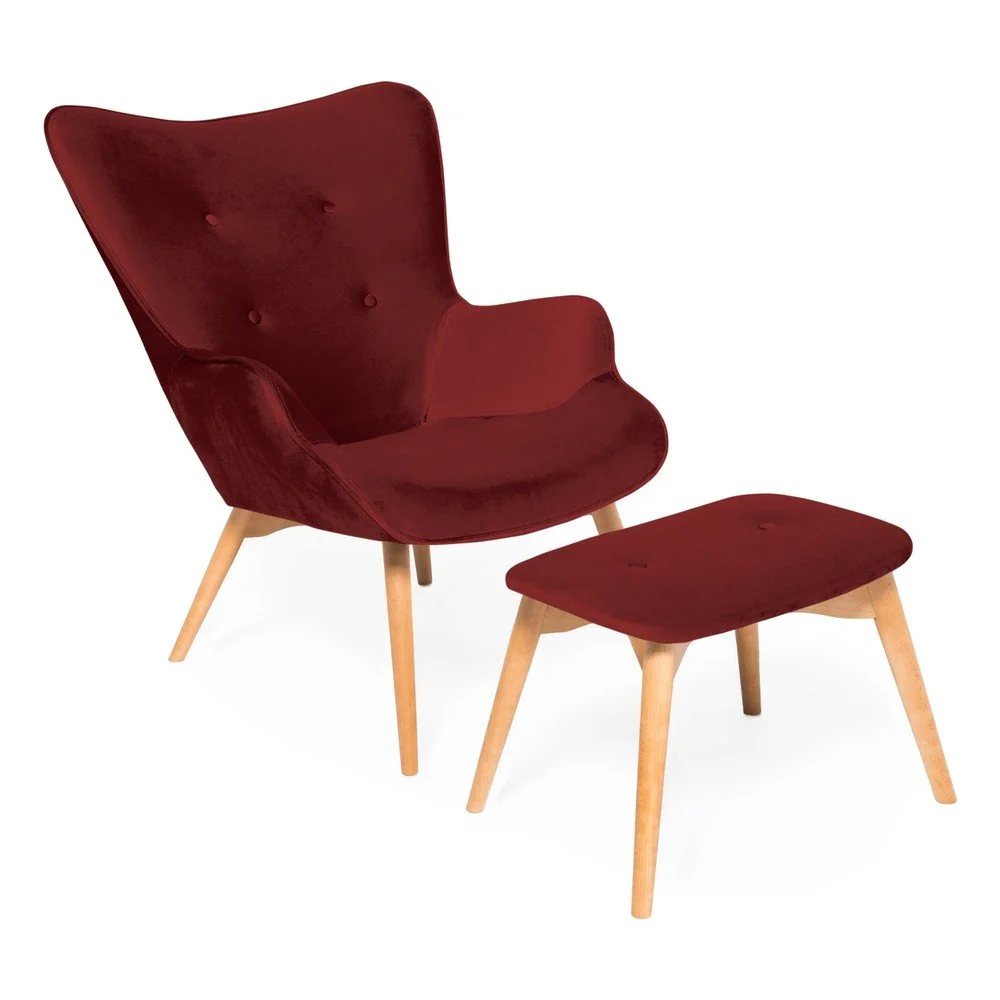 Křeslo a podnožka v barvě burgundy s podnoží v přírodní barvě Vivonita Cora Velvet v:1091950