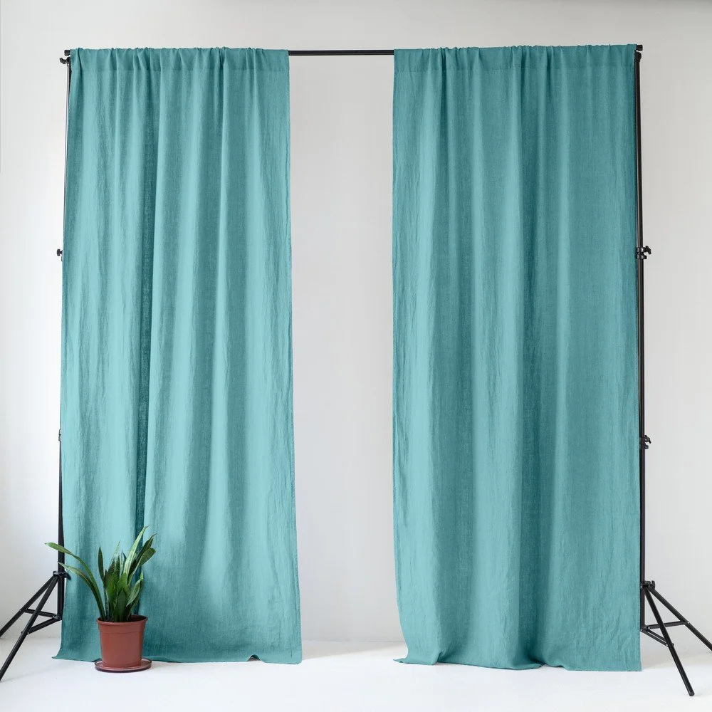 Tyrkysový lněný závěs 140x200 cm Coastal Blue – Linen Tales v:1795686