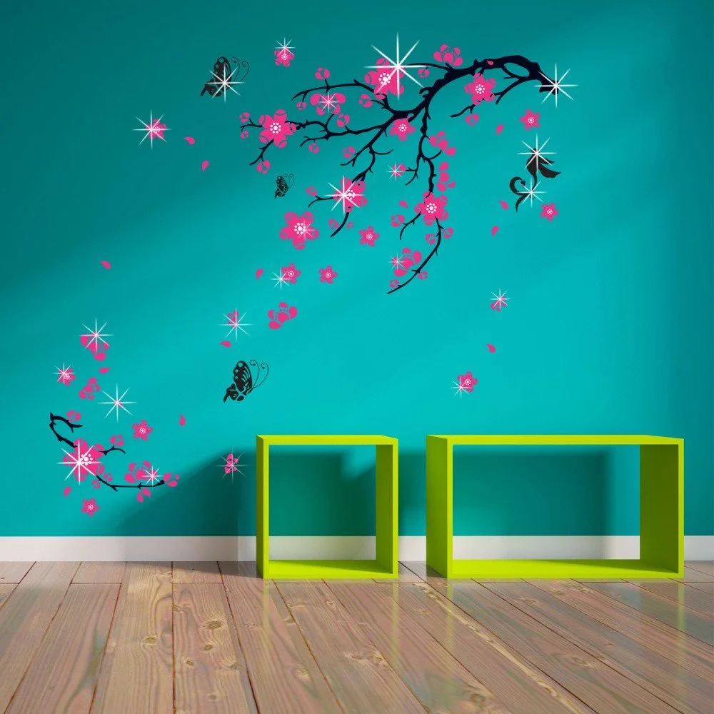 Sada 38 nástěnných samolepek se Swarovski krystaly WALPLUS Pink Blossom Flowers v:938020