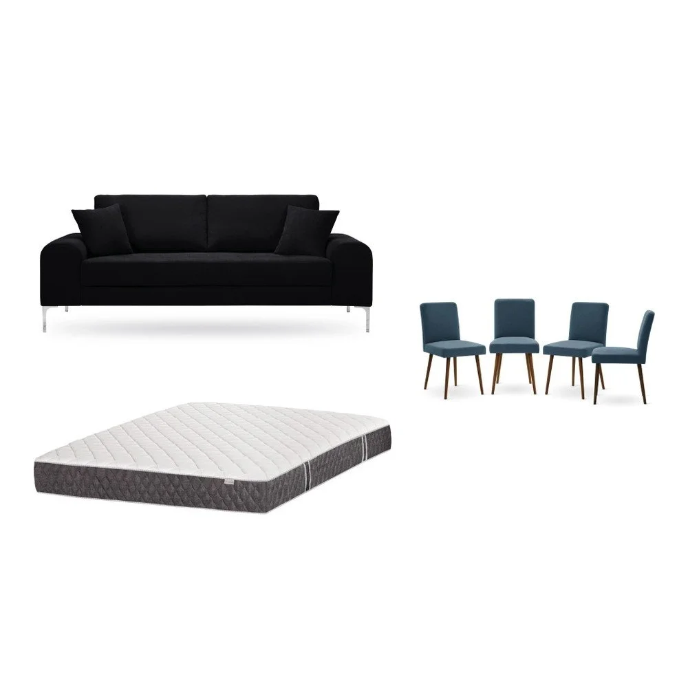 Set třímístné černé pohovky, 4 modrých židlí a matrace 160 x 200 cm Home Essentials v:1129962