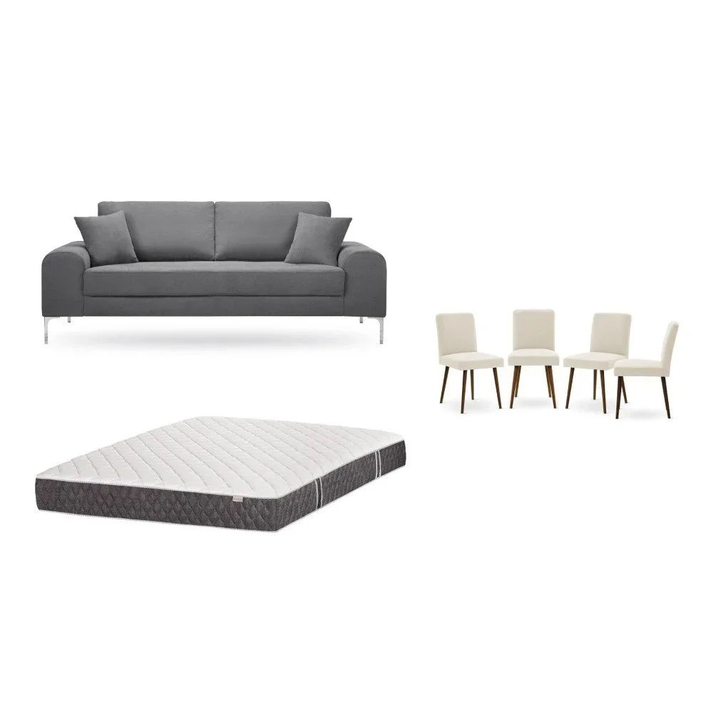Set třímístné šedé pohovky, 4 krémových židlí a matrace 160 x 200 cm Home Essentials v:1129946