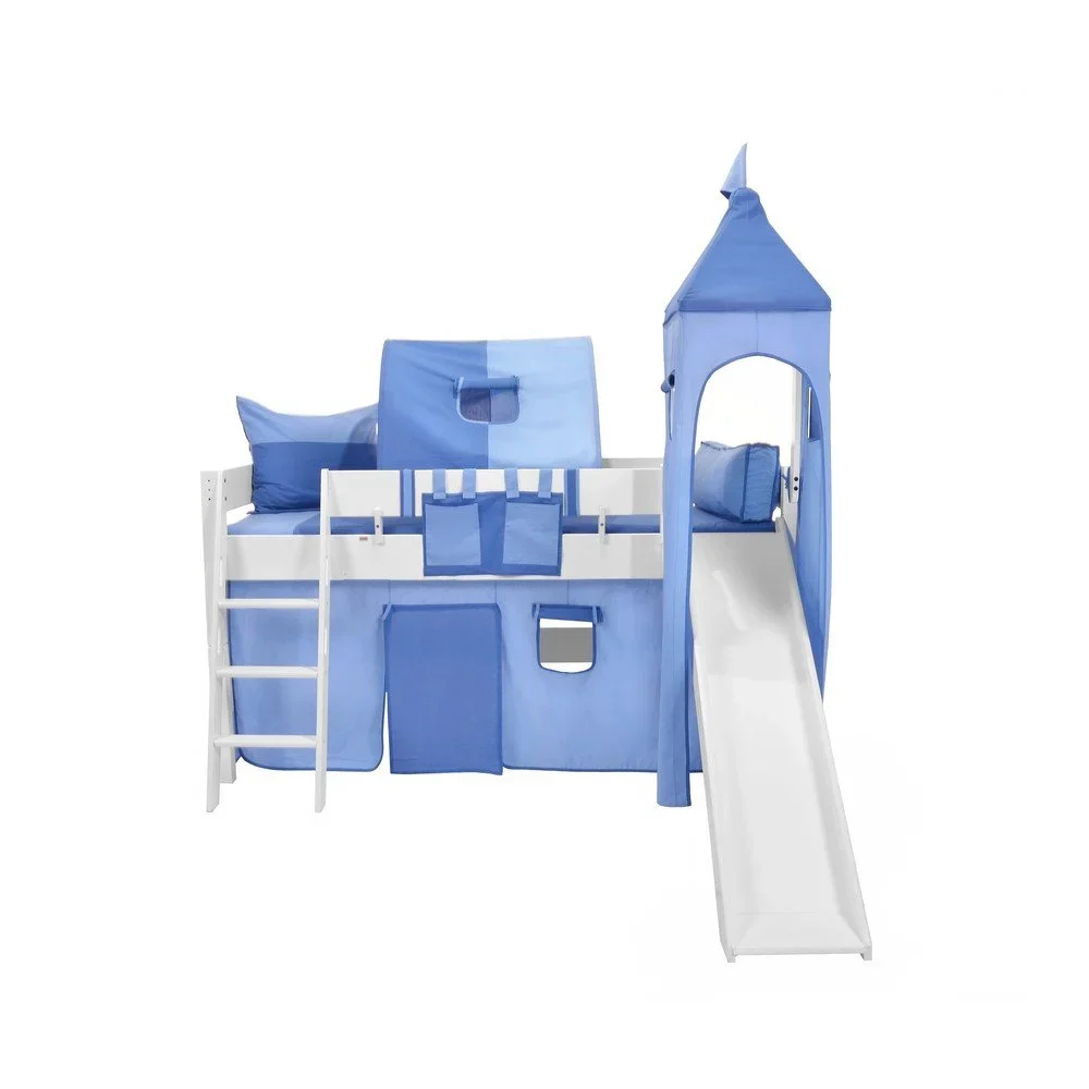 Dětská bílá patrová postel se skluzavkou a modrým hradním bavlněným setem Mobi furniture Luk, 200 x 90 cm v:1071704