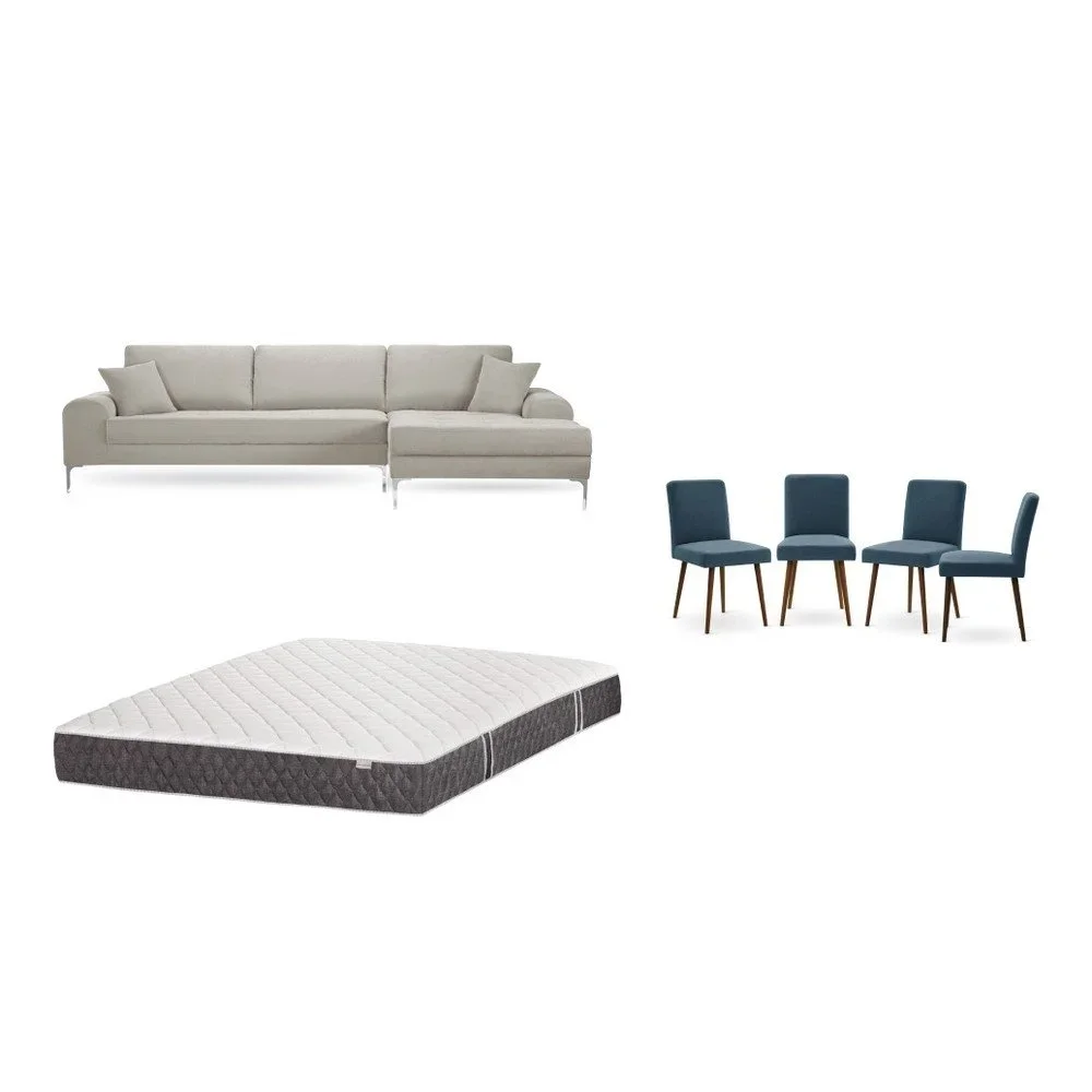 Set krémové pohovky s lenoškou vpravo, 4 modrých židlí a matrace 160 x 200 cm Home Essentials v:1130052