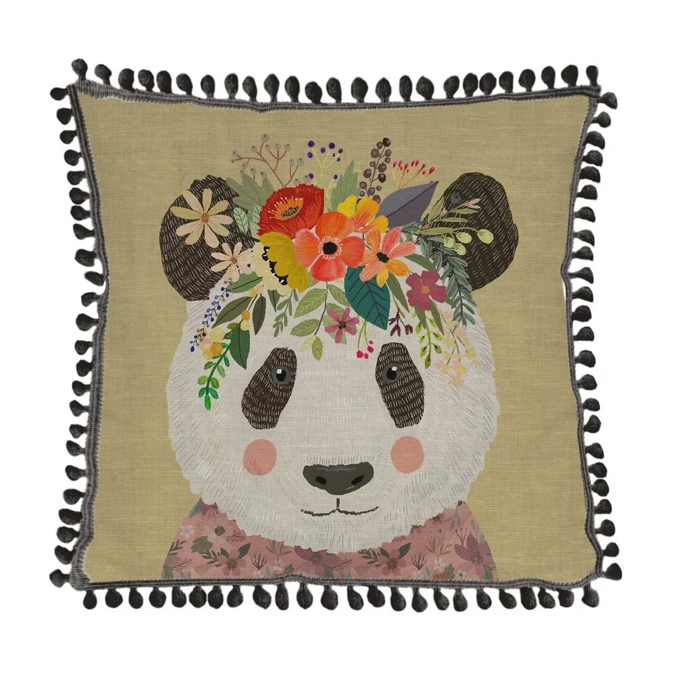Polštář s příměsí lnu Little Nice Things Floral Panda, 45 x 45 cm v:1410965