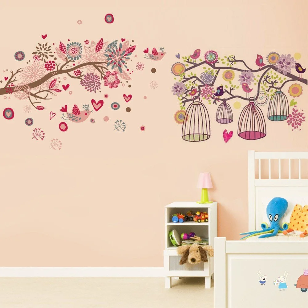 Samolepka na zeď WALPLUS Huge Pink Bird Birdcage v:937994