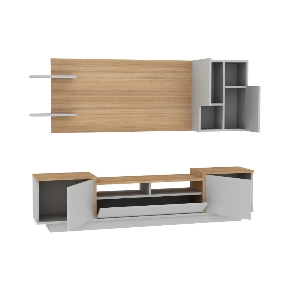 TV stěna v týkovém dekoru s bílým detailem Mobito Design Siva v:795728