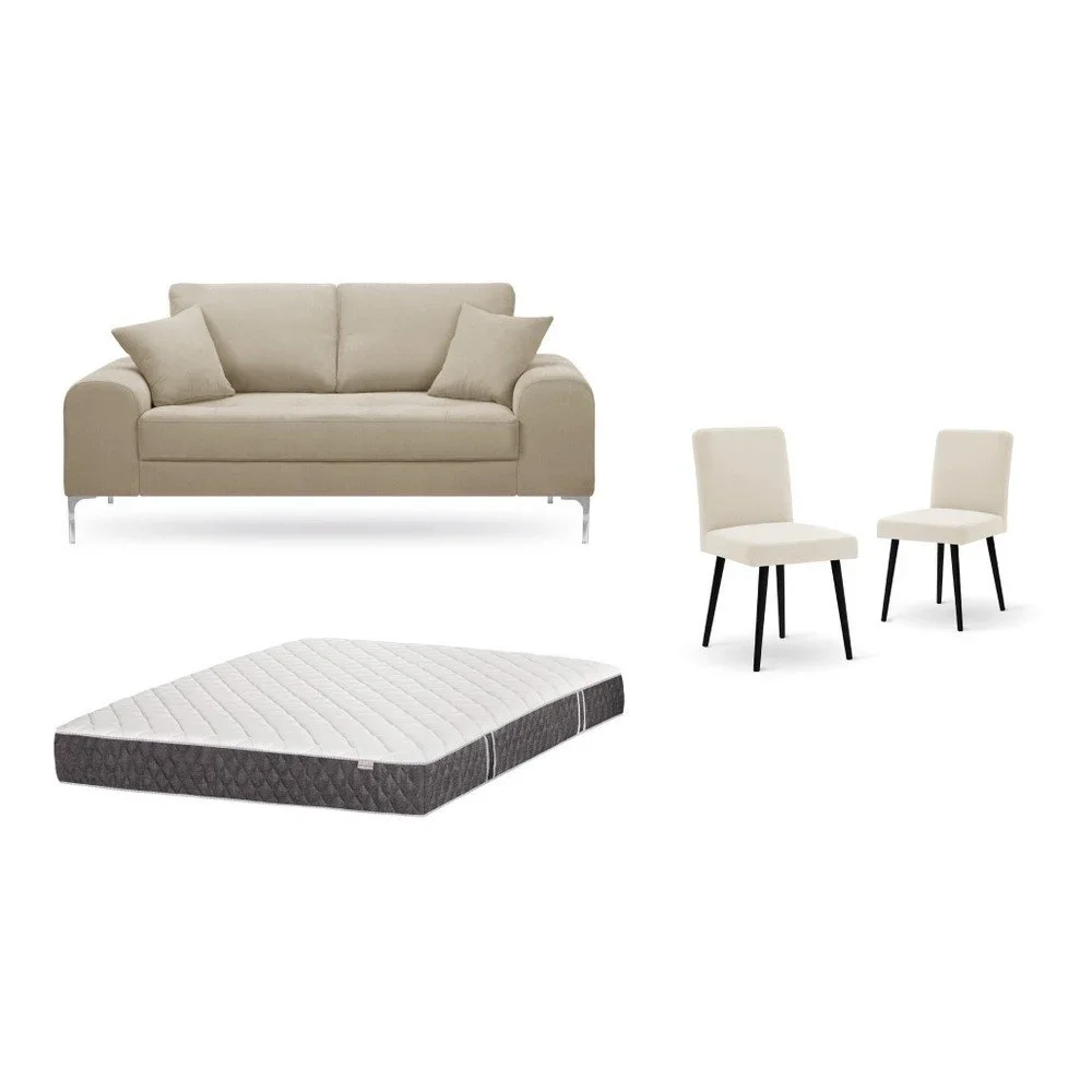 Set dvoumístné šedobéžové pohovky, 2 krémových židlí a matrace 140 x 200 cm Home Essentials v:1129816