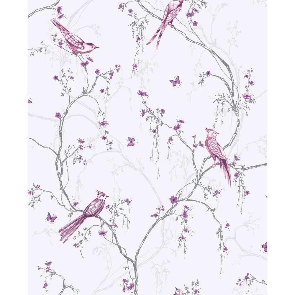 Bílá nástěnná tapeta Graham & Brown Songbird Lilac, 0,52 x 10 m v:1346205