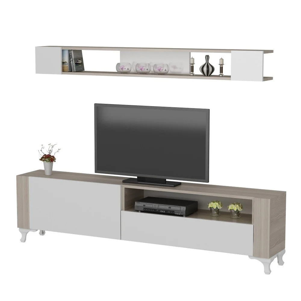 Bílá TV stěna se světle dřevěným dekorem Mobito Design Sanat v:795646