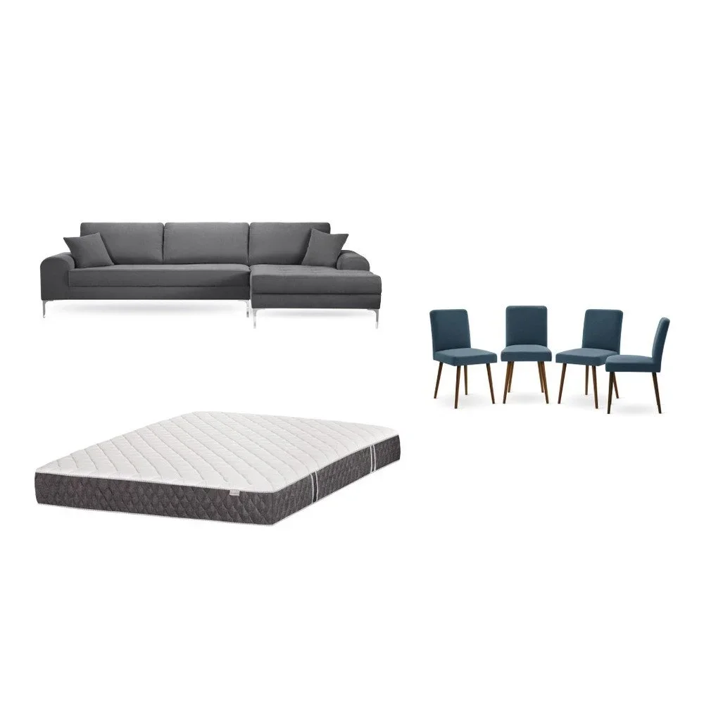Set šedé pohovky s lenoškou vpravo, 4 modrých židlí a matrace 160 x 200 cm Home Essentials v:1130096