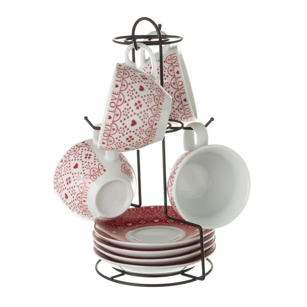 Červeno-bílá sada 4 porcelánových hrnků na čaj se stojanem Unimasa v:960354