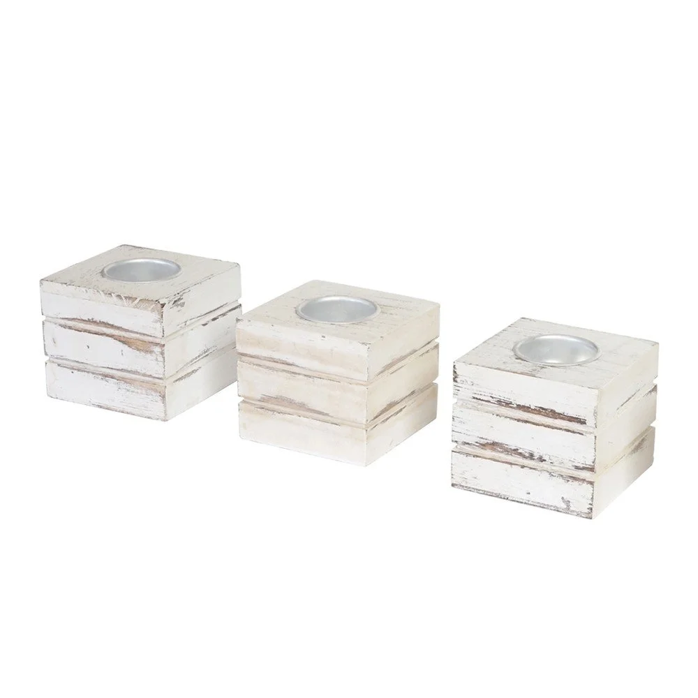 Sada 3 bílých dřevěných svícnů Mendler Shabby Tolve v:724256